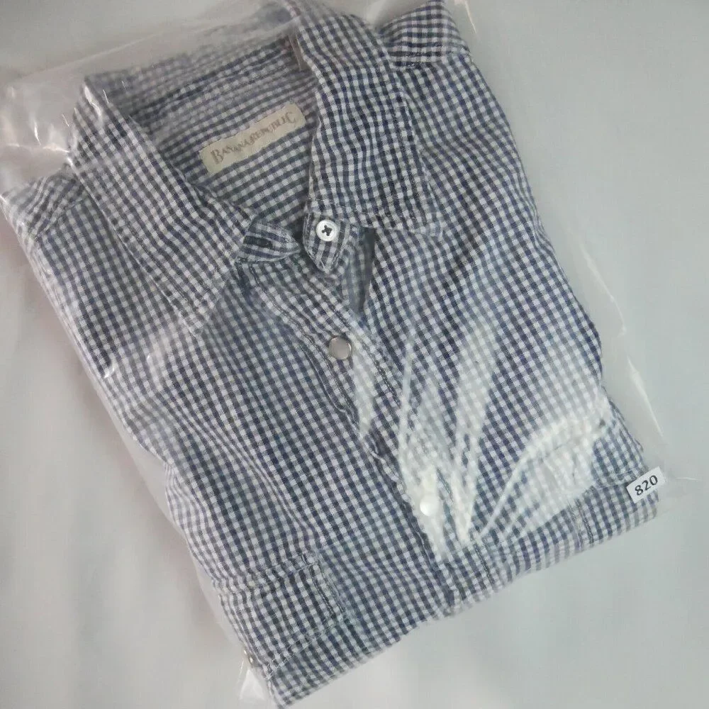 Banana Republic Men's Size L Pearl Snap Plaid Blue Short-Sleeve Button Down
